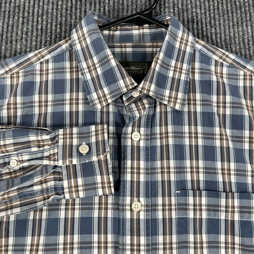 Eddie Bauer Mens Shirt Small Blue Plaid Long Sleeve Button Up Outdoor Hiking